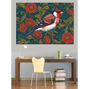 Duvarda Kırmızı Çiçek Deseni Ve Kuş Dekoratif Kanvas - Mdf Ahşap Tablo 25x35 cm