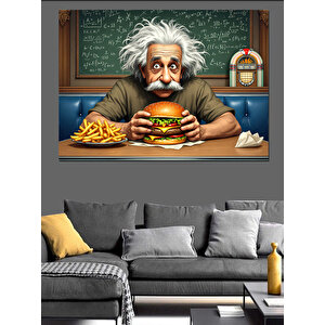 Hamburger Yiyen Einstein Dekoratif Kanvas - Mdf Ahşap Tablo 50x70 cm