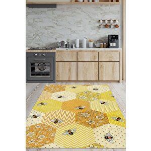 Petek Tonları Dokuma Tabanlı Yıkanabilir Sarı Renk Halı Hayvan Baskılı Renkli Mutfak Halısı 80x120 cm