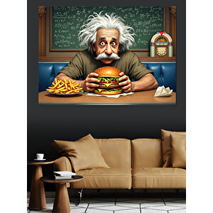Hamburger Yiyen Einstein Dekoratif Kanvas - Mdf Ahşap Tablo