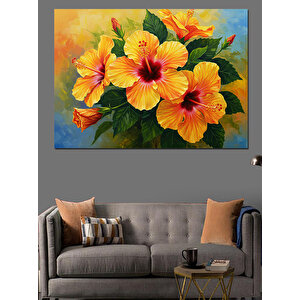 Sarı Kırmızı Hibiskus Çiçekleri Dekoratif Kanvas - Mdf Ahşap Tablo 50x70 cm