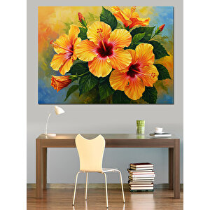 Sarı Kırmızı Hibiskus Çiçekleri Dekoratif Kanvas - Mdf Ahşap Tablo 50x70 cm