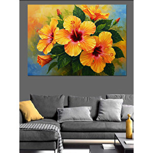 Sarı Kırmızı Hibiskus Çiçekleri Dekoratif Kanvas - Mdf Ahşap Tablo 50x70 cm