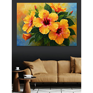 Sarı Kırmızı Hibiskus Çiçekleri Dekoratif Kanvas - Mdf Ahşap Tablo