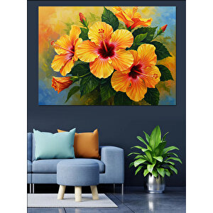 Sarı Kırmızı Hibiskus Çiçekleri Dekoratif Kanvas - Mdf Ahşap Tablo