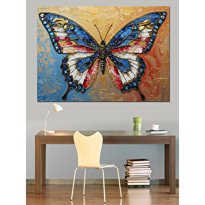 Altın Dokusunda Mavi Kelebek Dekoratif Kanvas - Mdf Ahşap Tablo 50x70 cm