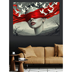 Kuşlarla Gözleri Kapalı Kadın Dekoratif Kanvas - Mdf Ahşap Tablo