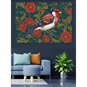 Duvarda Kırmızı Çiçek Deseni Ve Kuş Dekoratif Kanvas - Mdf Ahşap Tablo 100x140 cm