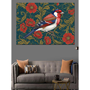Duvarda Kırmızı Çiçek Deseni Ve Kuş Dekoratif Kanvas - Mdf Ahşap Tablo 100x140 cm