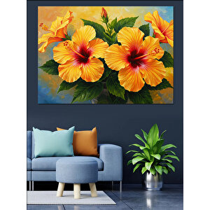 Turuncu Sarı Hibiskus Çiçekleri Dekoratif Kanvas - Mdf Ahşap Tablo 70x100 cm