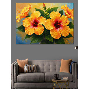 Turuncu Sarı Hibiskus Çiçekleri Dekoratif Kanvas - Mdf Ahşap Tablo 70x100 cm