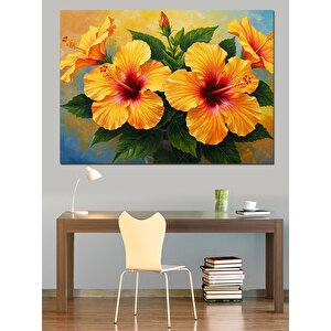 Turuncu Sarı Hibiskus Çiçekleri Dekoratif Kanvas - Mdf Ahşap Tablo 70x100 cm