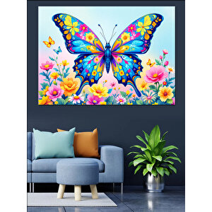 Renkli Çiçekli Kelebek Dekoratif Kanvas - Mdf Ahşap Tablo 50x70 cm