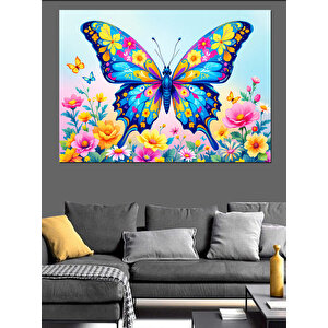 Renkli Çiçekli Kelebek Dekoratif Kanvas - Mdf Ahşap Tablo 70x100 cm