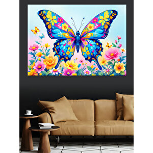 Renkli Çiçekli Kelebek Dekoratif Kanvas - Mdf Ahşap Tablo 70x100 cm