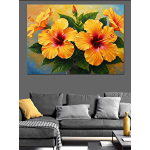 Turuncu Sarı Hibiskus Çiçekleri Dekoratif Kanvas - Mdf Ahşap Tablo
