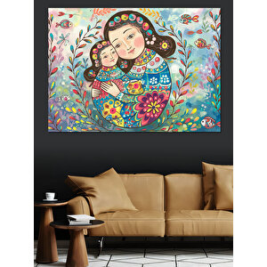 Çiçekli Anne Ve Kız Dekoratif Kanvas - Mdf Ahşap Tablo 70x100 cm