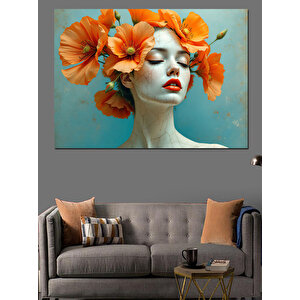 Turuncu Çiçekli Kadın Portresi Dekoratif Kanvas - Mdf Ahşap Tablo 70x100 cm