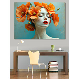 Turuncu Çiçekli Kadın Portresi Dekoratif Kanvas - Mdf Ahşap Tablo 70x100 cm