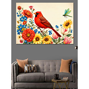Çiçekli Kırmızı Kuş İllüstrasyonu Dekoratif Kanvas - Mdf Ahşap Tablo 50x70 cm