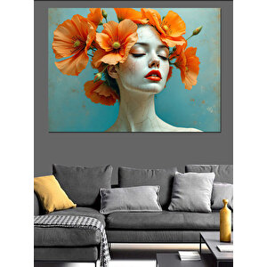 Turuncu Çiçekli Kadın Portresi Dekoratif Kanvas - Mdf Ahşap Tablo 100x140 cm