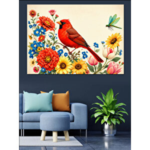 Çiçekli Kırmızı Kuş İllüstrasyonu Dekoratif Kanvas - Mdf Ahşap Tablo 70x100 cm