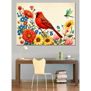 Çiçekli Kırmızı Kuş İllüstrasyonu Dekoratif Kanvas - Mdf Ahşap Tablo 70x100 cm