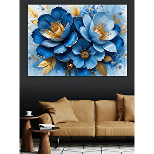 Mavi Çiçekler Deseni Dekoratif Kanvas - Mdf Ahşap Tablo 100x140 cm