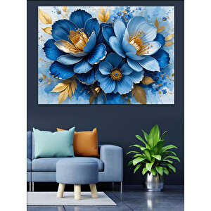 Mavi Çiçekler Deseni Dekoratif Kanvas - Mdf Ahşap Tablo 100x140 cm