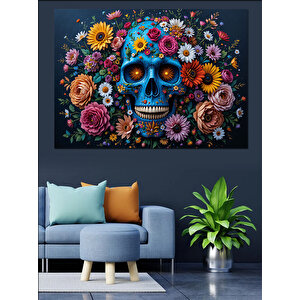 Renkli Kafatası Çiçekleri Dekoratif Kanvas - Mdf Ahşap Tablo 100x140 cm