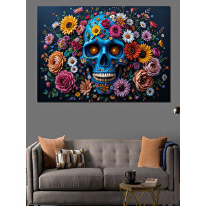 Renkli Kafatası Çiçekleri Dekoratif Kanvas - Mdf Ahşap Tablo 100x140 cm