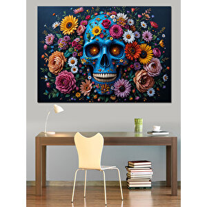 Renkli Kafatası Çiçekleri Dekoratif Kanvas - Mdf Ahşap Tablo 100x140 cm