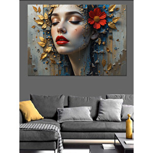 Çiçekli Duygusal Kadın İllüstrasyonu Dekoratif Kanvas - Mdf Ahşap Tablo 70x100 cm