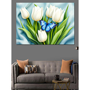 Beyaz Laleler Ve Mavi Kelebek Dekoratif Kanvas - Mdf Ahşap Tablo 50x70 cm