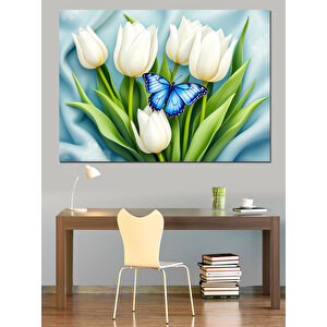 Beyaz Laleler Ve Mavi Kelebek Dekoratif Kanvas - Mdf Ahşap Tablo 50x70 cm