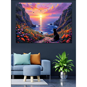 Çiçekli Vadi Gün Batımı Dekoratif Kanvas - Mdf Ahşap Tablo 100x140 cm