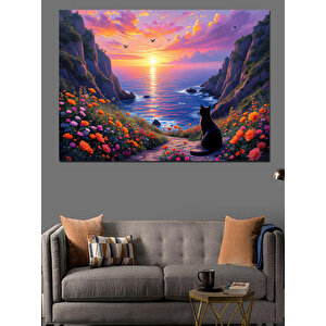 Çiçekli Vadi Gün Batımı Dekoratif Kanvas - Mdf Ahşap Tablo 100x140 cm