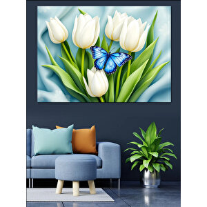 Beyaz Laleler Ve Mavi Kelebek Dekoratif Kanvas - Mdf Ahşap Tablo 70x100 cm