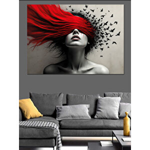 Kuşlarla Kaplı Gözü Kapalı Kadın Dekoratif Kanvas - Mdf Ahşap Tablo 100x140 cm
