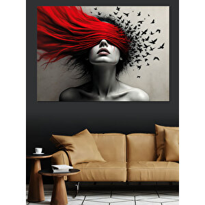Kuşlarla Kaplı Gözü Kapalı Kadın Dekoratif Kanvas - Mdf Ahşap Tablo 100x140 cm
