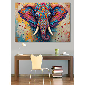 Renkli Fil Baş Portresi Dekoratif Kanvas - Mdf Ahşap Tablo 50x70 cm