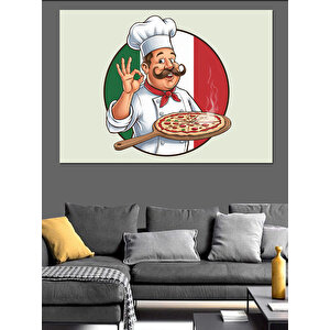 İtalyan Şef Pizzayla Dekoratif Kanvas - Mdf Ahşap Tablo 70x100 cm