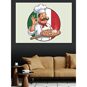 İtalyan Şef Pizzayla Dekoratif Kanvas - Mdf Ahşap Tablo 70x100 cm