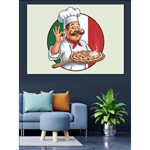 İtalyan Şef Pizzayla Dekoratif Kanvas - Mdf Ahşap Tablo 70x100 cm