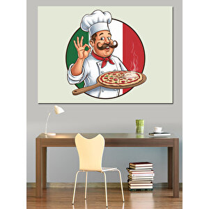 İtalyan Şef Pizzayla Dekoratif Kanvas - Mdf Ahşap Tablo