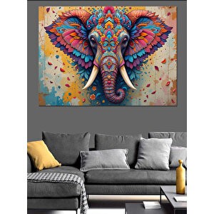 Renkli Fil Baş Portresi Dekoratif Kanvas - Mdf Ahşap Tablo 100x140 cm