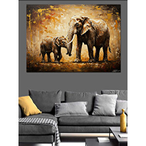 Fil Ailesi Yürüyüşte Dekoratif Kanvas - Mdf Ahşap Tablo 100x140 cm
