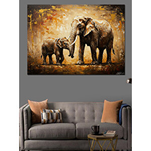 Fil Ailesi Yürüyüşte Dekoratif Kanvas - Mdf Ahşap Tablo 70x100 cm
