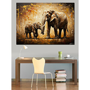 Fil Ailesi Yürüyüşte Dekoratif Kanvas - Mdf Ahşap Tablo 70x100 cm