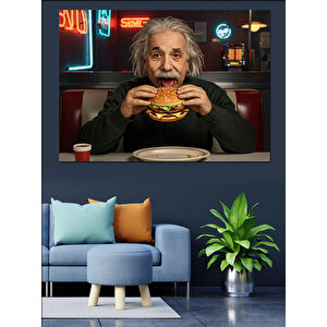 Einstein Hamburger Yiyen Karikatür Dekoratif Kanvas - Mdf Ahşap Tablo